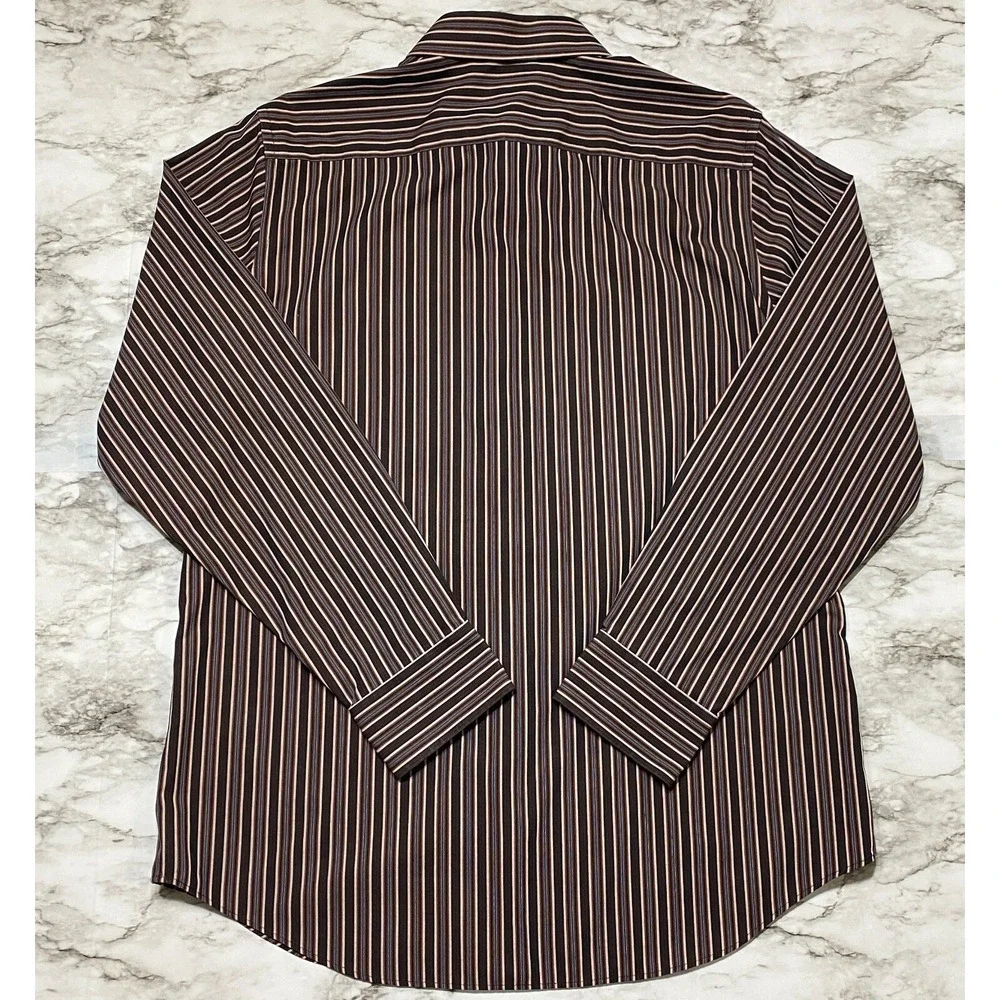 Banana Republic‎ Slim Fit Non Iron Mens Dress Shirt Sz 16-16 1/2 Brown Striped